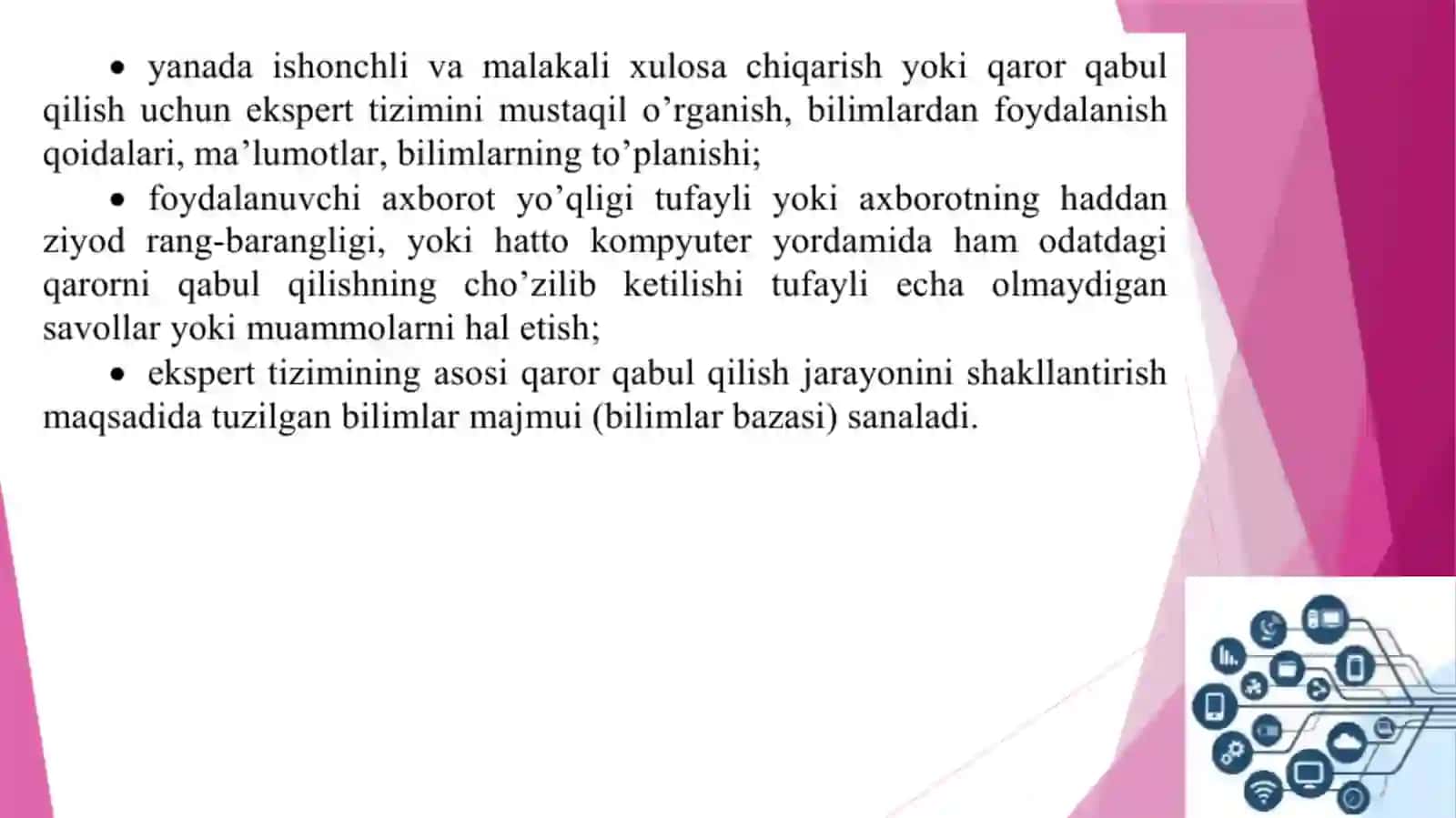 Ekspert tizimlar haqida asosiy tushuncha ekspert tizimlarining farqlash xususiyatlari.. 3