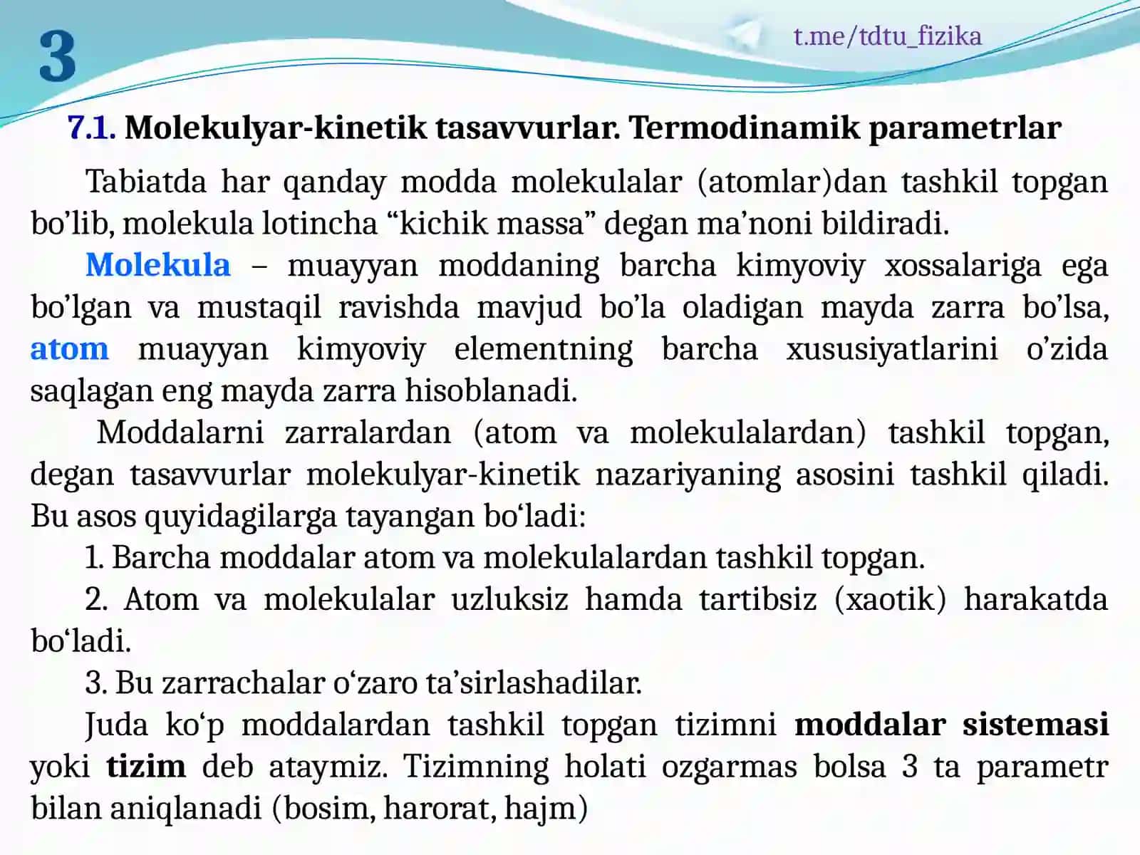 MOLEKULYAR KINETIK NAZARIYASI VA STATIK FIZIKA ASOSLARI 3