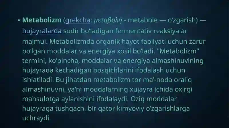 Metabolizm jarayonida energiya hosil bo’lishi va sarflanishi. Yadro kimyosining tibbiyotdagi o’rni 3