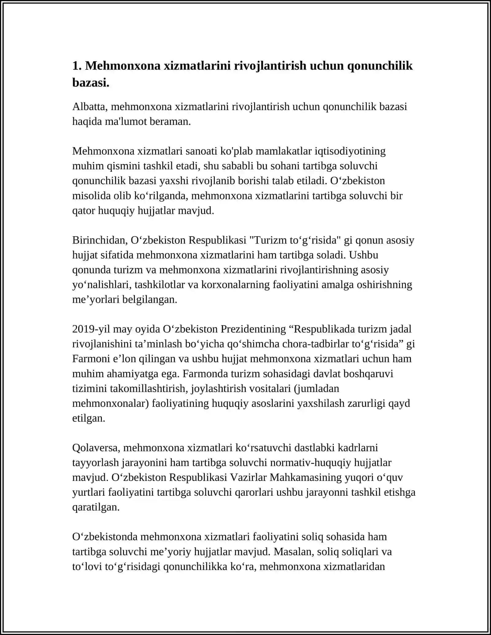 TURIZMDA MEHMONXONA XIZMATLARINI RIVOJLANTIRISHNING TASHKILIY HUQUQIY MEXANIZMLARI 3