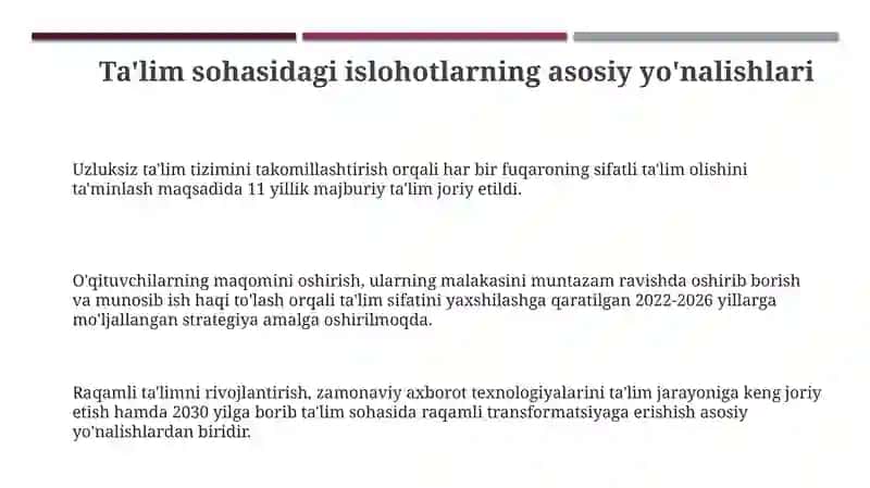 Ta'lim sohasidagi islohotlarning asosiy yo'nalishlari 3