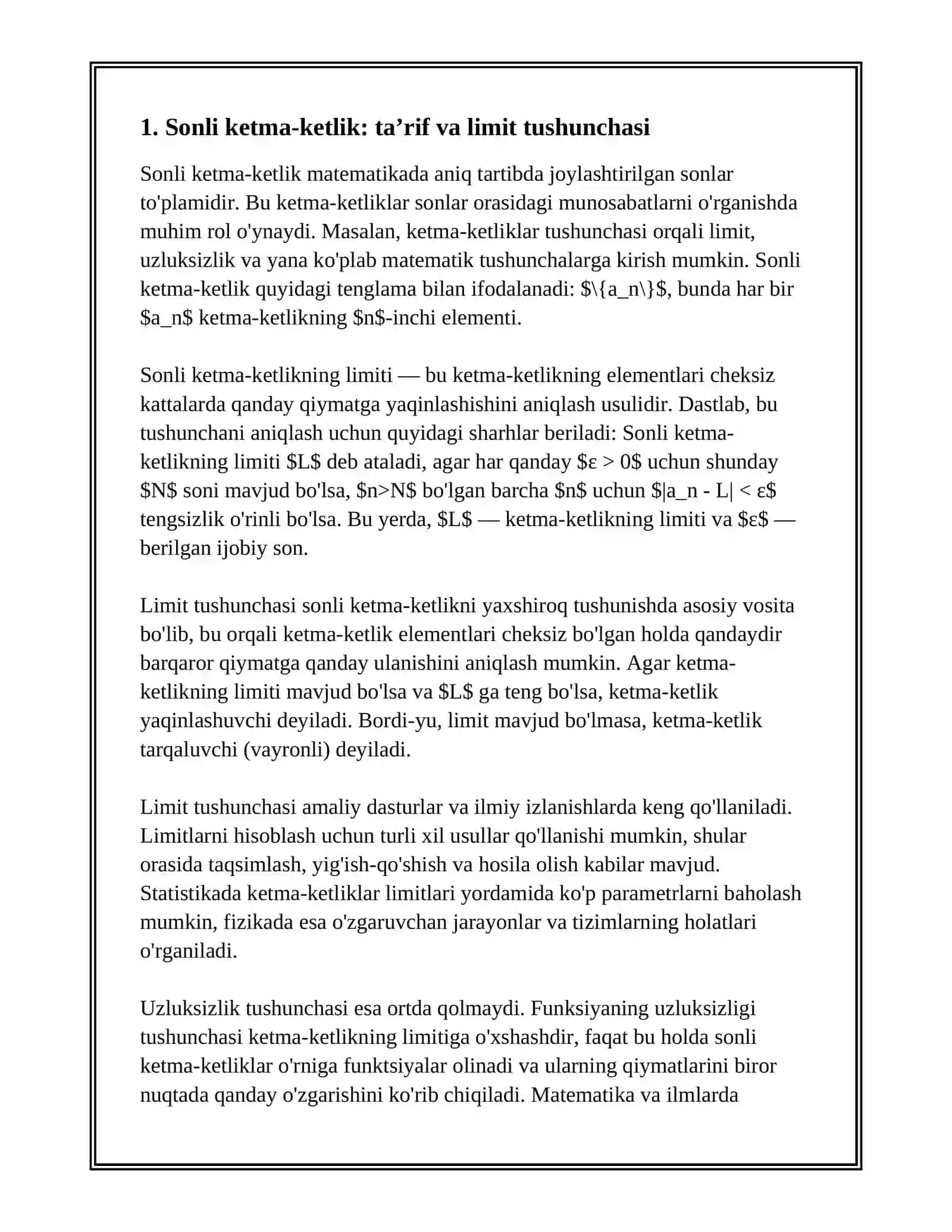 SONLI KETMA-KETLIK VA FUNKSIYANING LIMITI.FUNKSIYA UZLUKSIZLIGI UZLUKSIZ FUNKSIYALAR USTIDA AMALLAR 3