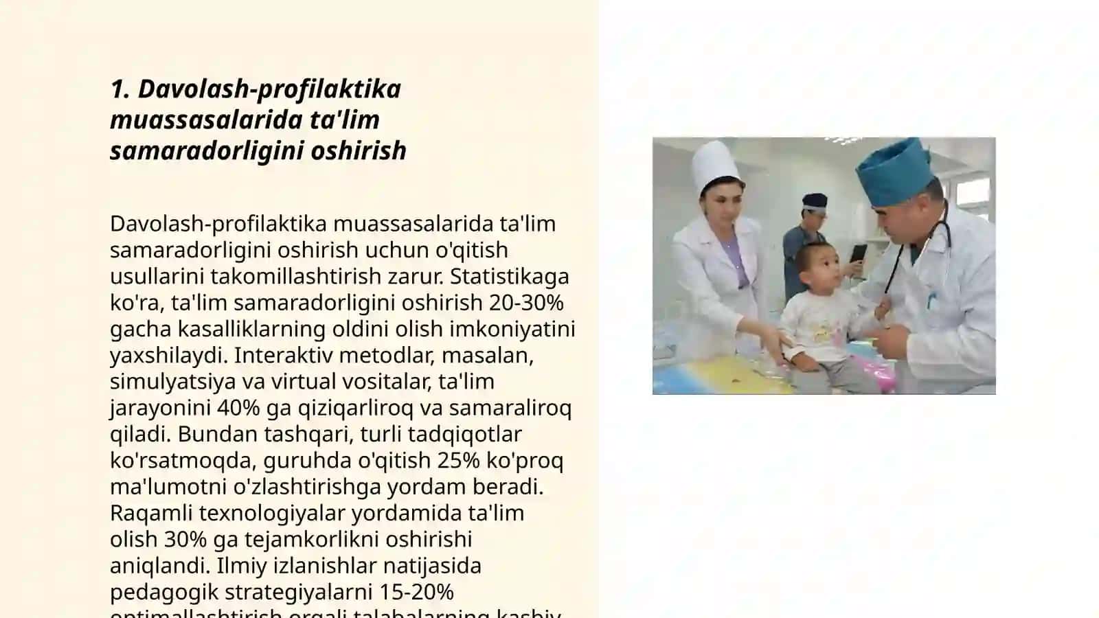 Oʻzbekistonda Davolash-profilaktika muassasalarida statsionar sharoitda uzoq muddatli davolanishga muhtoj bolalarga umumiy oʻrta taʼlim berishni tashkil etish 3