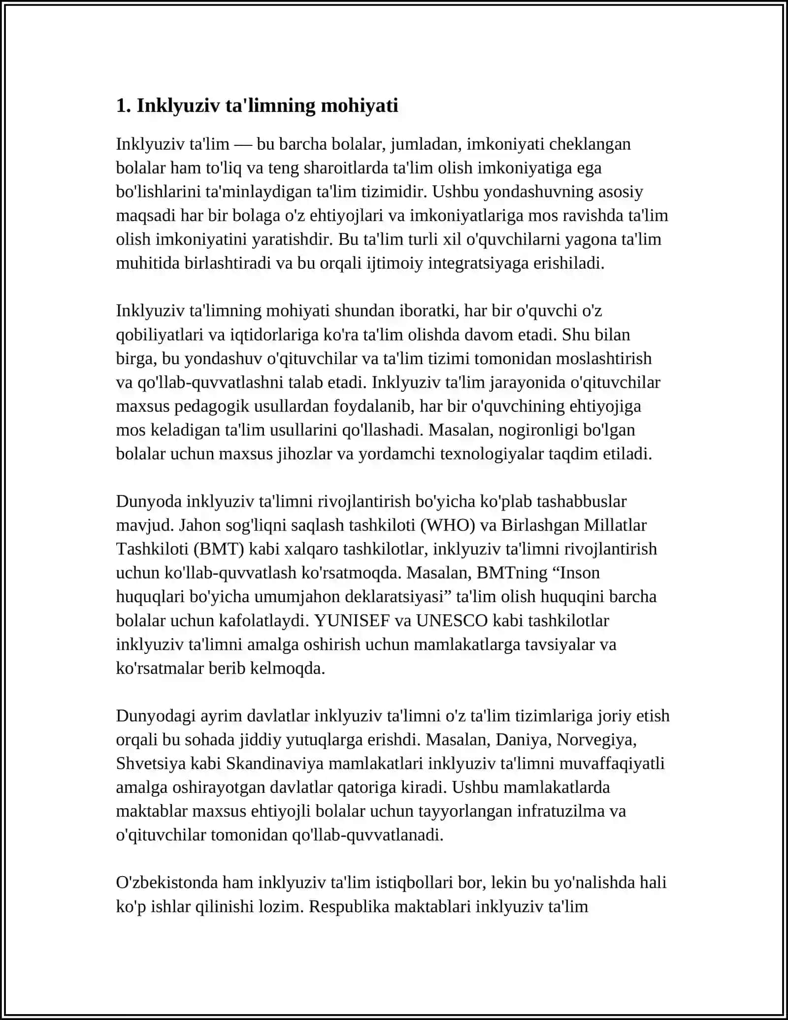 INKLYUZIV TA'LIMGA KIRISHNI ASOSIY TAMOYILLARI HAQIDA MALUMOT BERILADI KEYIN GRAF SXEMA TUZIB TAMOYILLARI YOZILADI SXEMANI ICHIGA 3