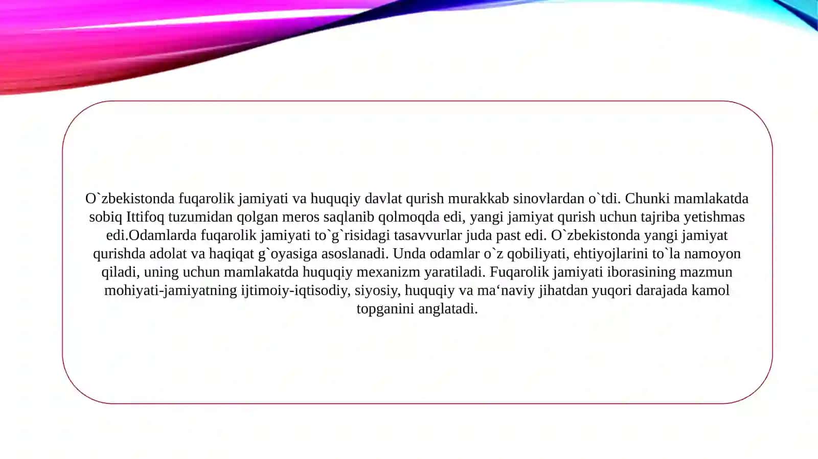 O`zbekistondademokratik, fuqarolik jamiyati asoslarining shakllanishi, amalga oshirilgan siyosiy islohotlar 3