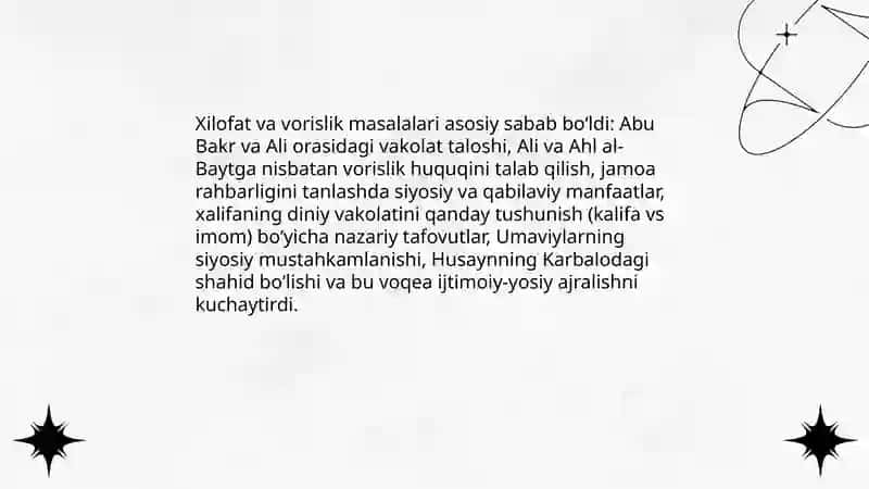 Islom oqimlari va yoʻnalishlarining paydo boʻlishi sabablari, e'tiqodidagi boʻlinishlarning sabablari va oqibatlari 3