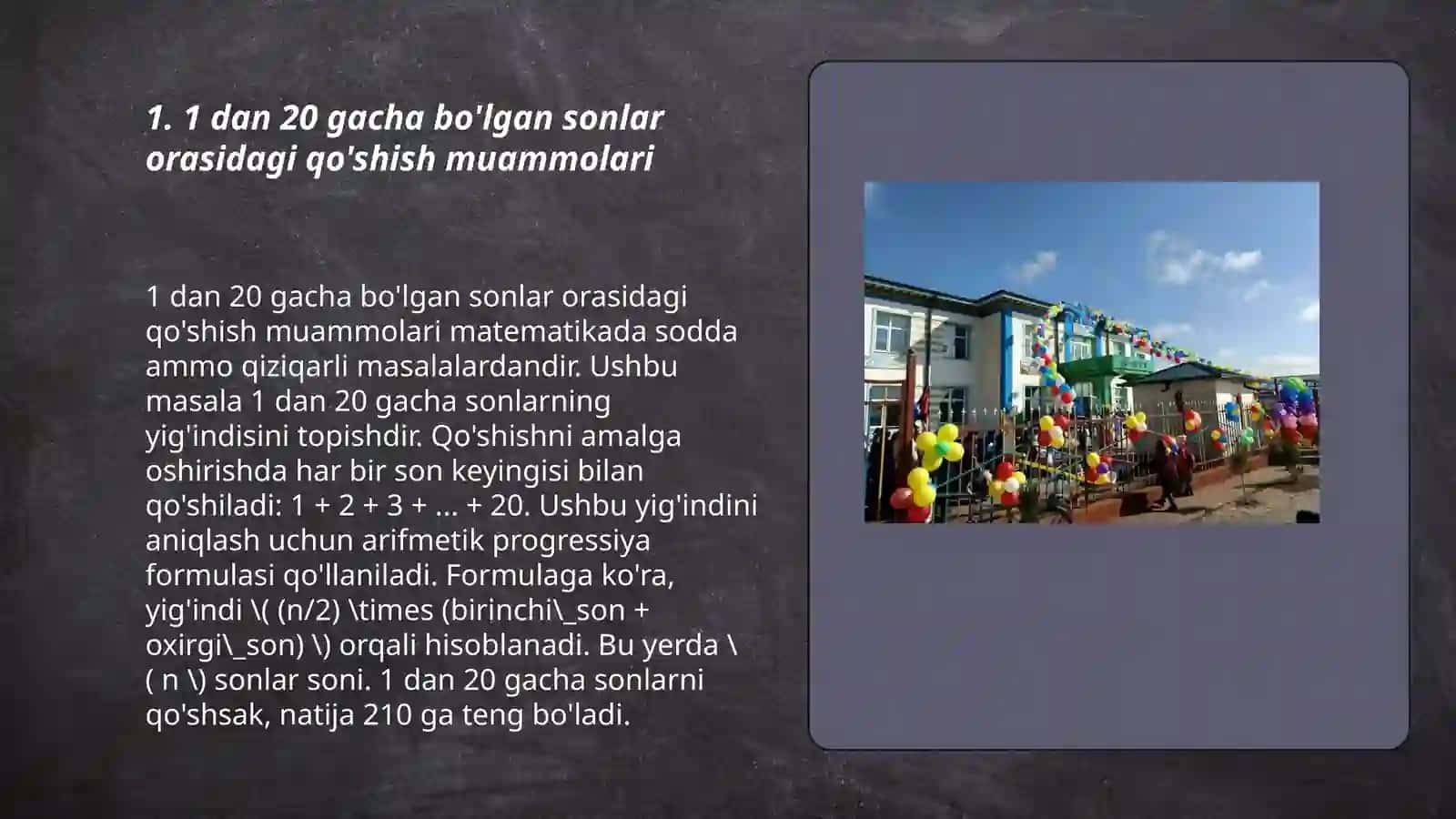1 dan 20 gacha bo’lgan sonlar doirasida hisoblash malakasini oshirish 3
