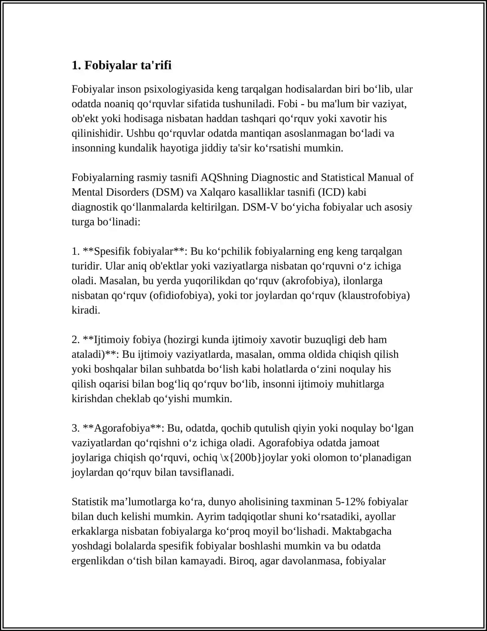 FOBIYALARNING YUZAGA KELISHI, FOBIYA TURLARI 3