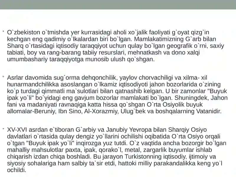 Oʻzbekiston iqtisodiyoti oʻrni va tarmoqlari 3