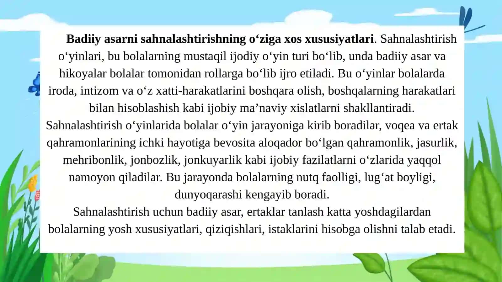 Badiiy asarni sahnalashtirish turlari va uni qoʻyib koʻrsatish metodlari. Bolalarni savod oʻrganishga tayyorlash. Maktabgacha taʼlim tashkilotlarida multimedialarni joriyetish. Maktabgacha yoshdagi bolalar bilan lugʻat ishini olib borish usullari 3