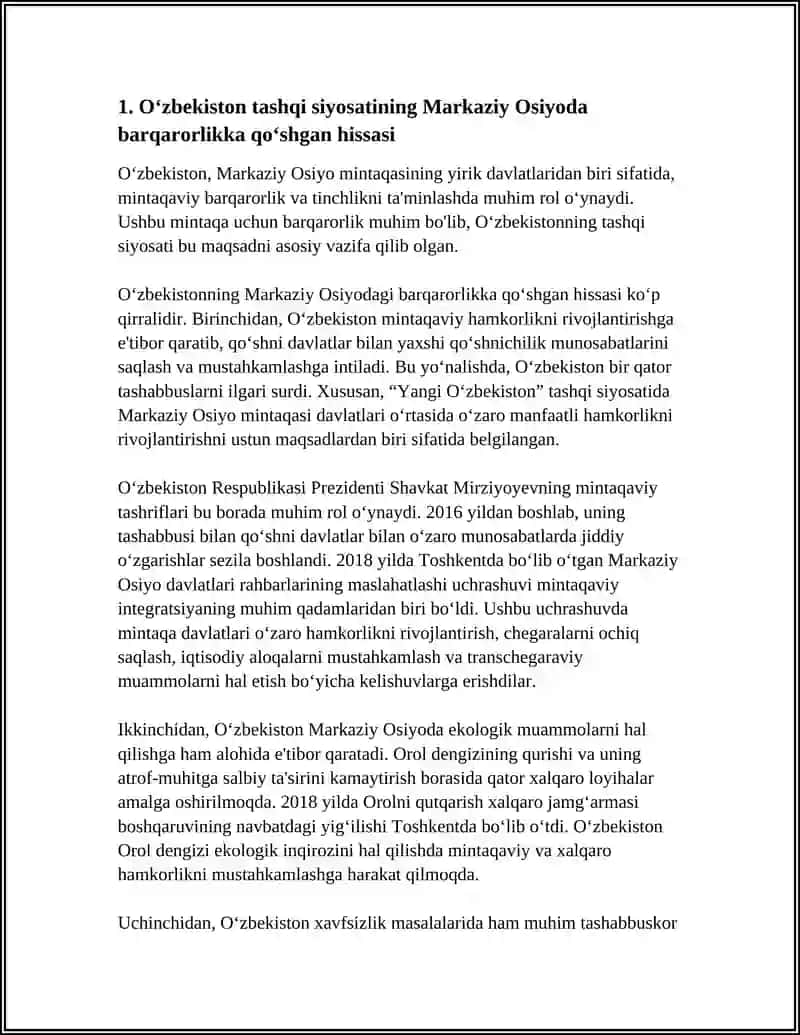 O’ZBEKISTONING MARKAZIY OSIYODA TINCHLIK VA BARQARORLIKNI TA’MINLASHDAGI O’RNI 3