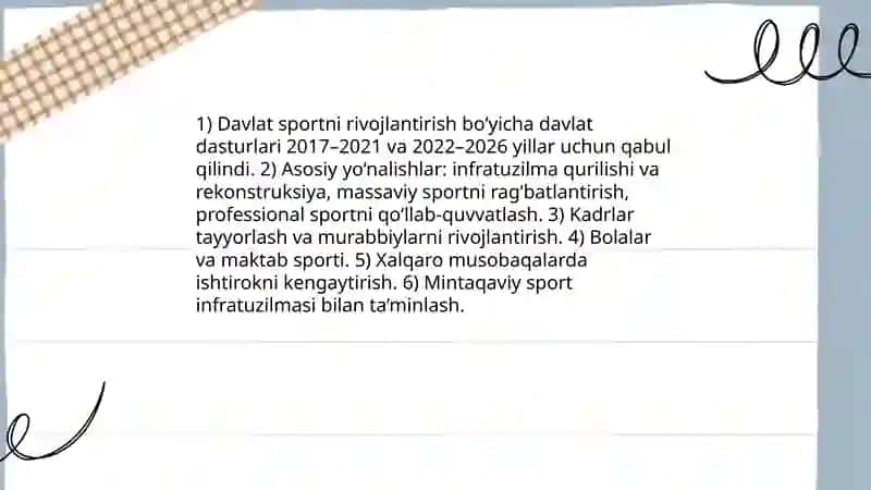 Davlat siyosati va strategiyasi: sportni rivojlantirish dasturlari 3