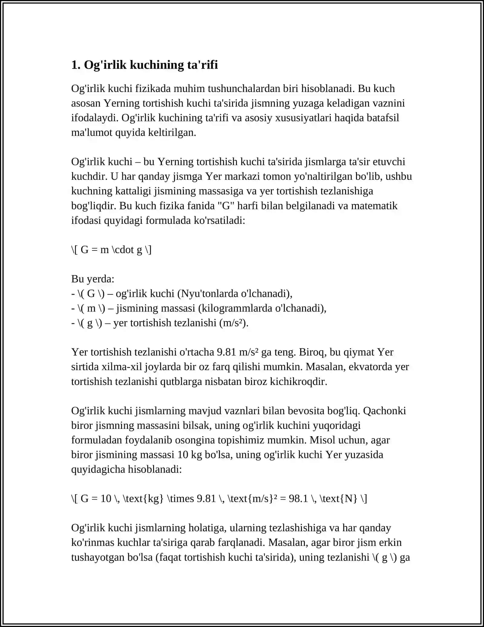 O'G'IRLIK KUCHI VA JISMALARNING VAZNI.VAZINSIZLIK 3