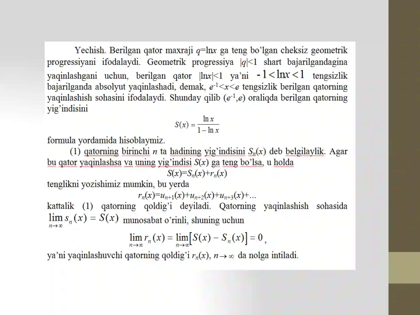 Funksional qatorlarni differensiallash va integrallash. Teylor va Makloren qatorlari 3