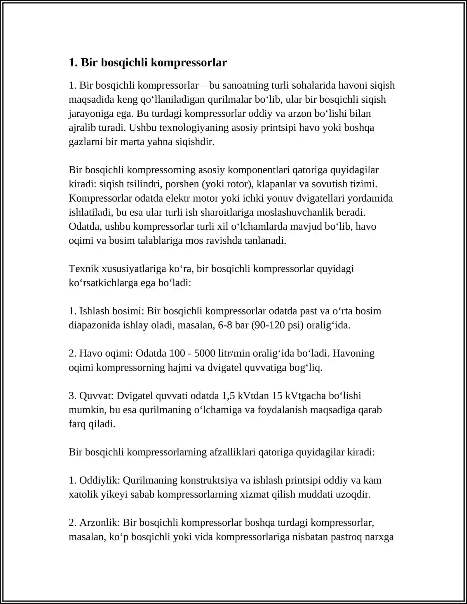 MUSTAQIL ISH Mavzu: BIR VA KOʻP POGʻONALI KOMPRESSORLAR 3