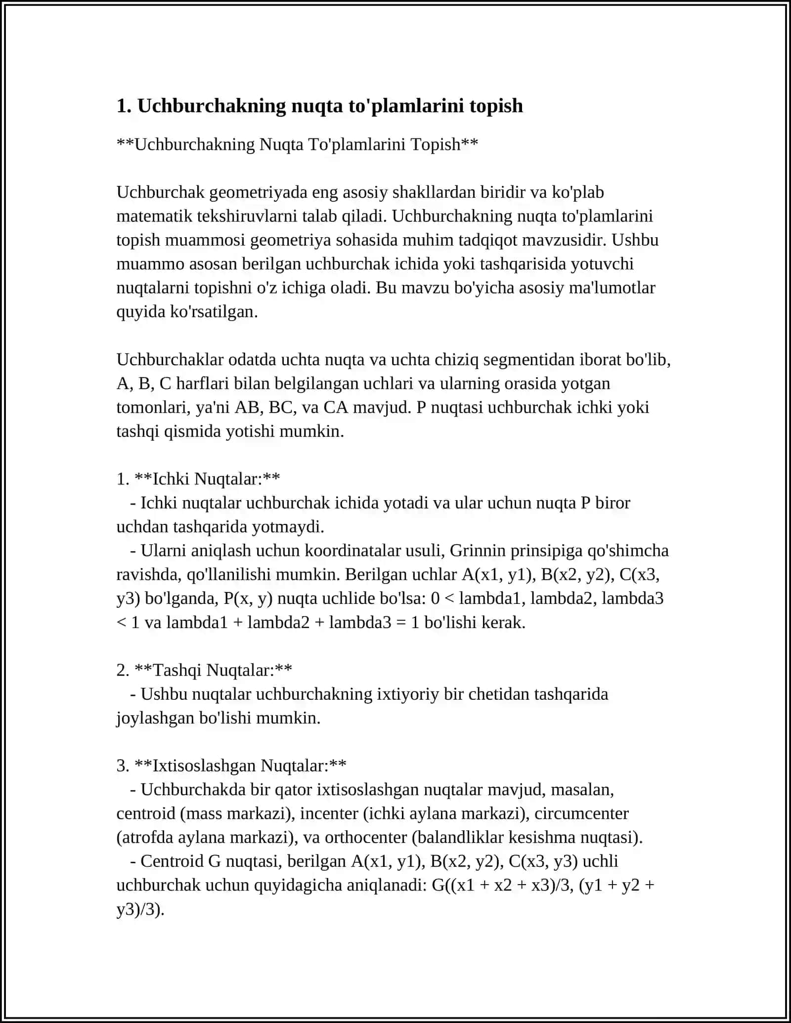 NUQTA TO`PLAMLARNI TOPISHGA DOIR GEOMETRIK MASALALAR 3