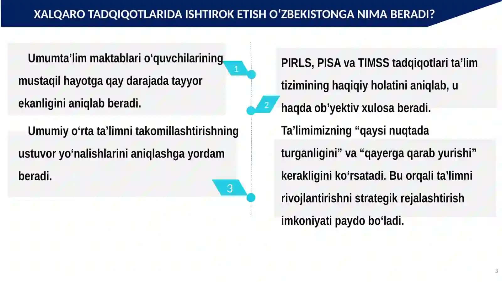 XALQARO IBAHOLASH DASTURLARI(PIRLS, PISAvaTIMSS)NATIJALARI ASOSIDA TAʼLIM SIFATINI OSHIRISH 3