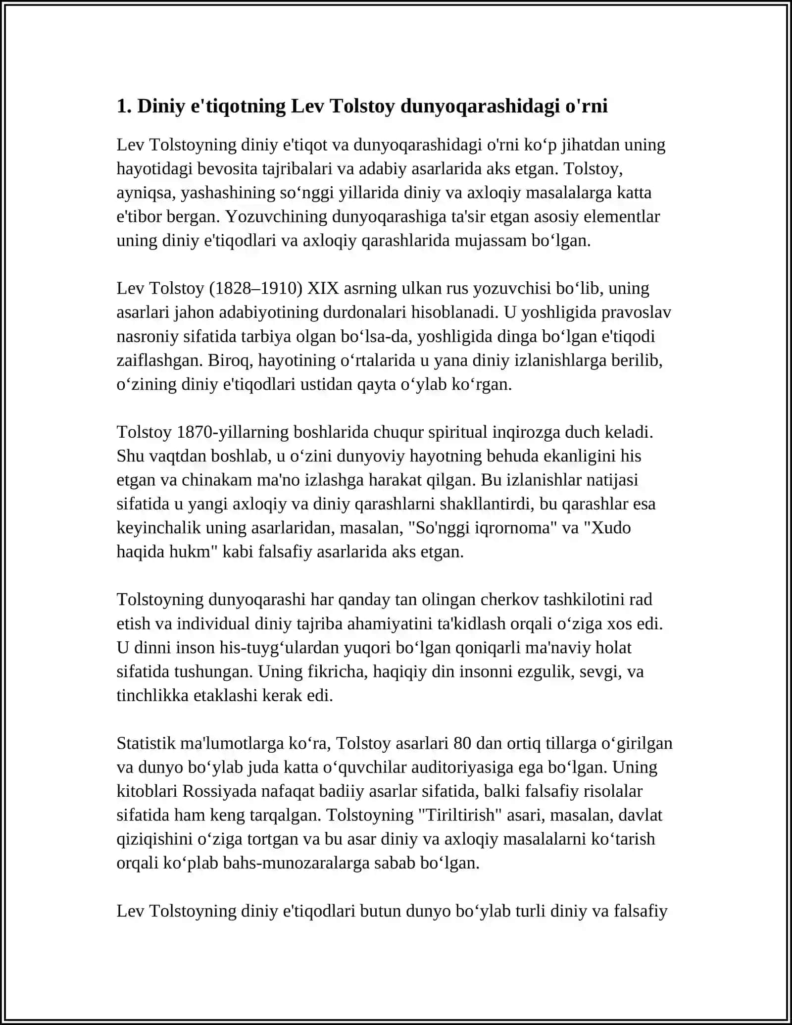 LEV TOLISTOYNING IQRORNOMA ASARIDAGI DINIY ETIQOTLARNI TAHLIL ETISH 3