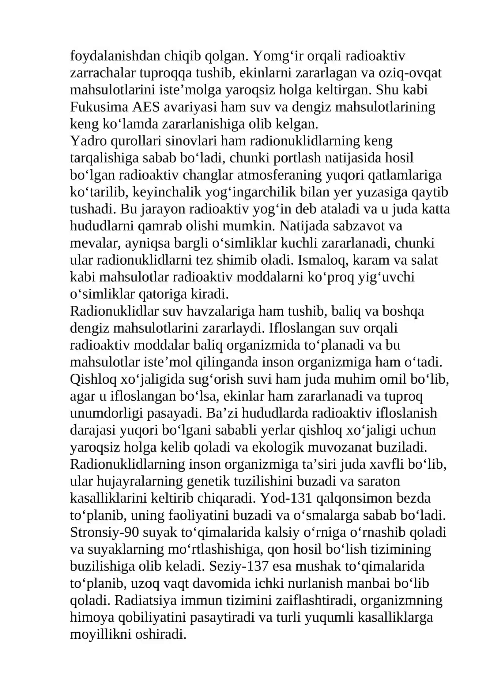 Radionuklidlar bilan oziq-ovqat mahsulotlari va qishloq xo‘jaligi mahsulotlarining zararlanishi hamda ularga qarshi chora-tadbirlar 3