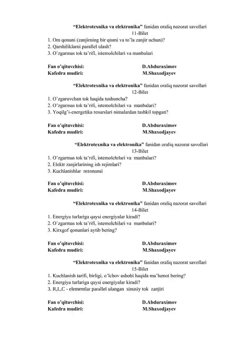Elektrotexnika va elektronika fanidan oraliq nazorat savollari 3