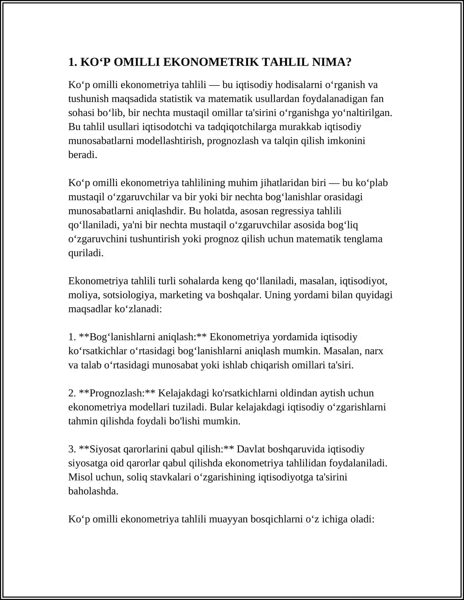 KOʻP OMILLI EKONOMETRIK TAHLILDA OMILLARNI TANLASH MUOMMOSI REFERATLAR TAYYORLASH VA HIMOYA QILISH TAVSIYA ETILADI 3