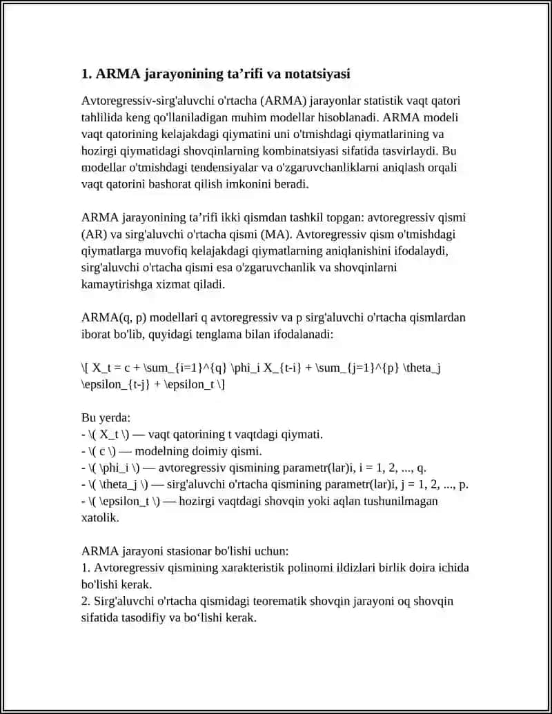 UMUMIY AVTOREGRESSIV-SIRG`ALUVCHI O`RTACHA (ARMA) JARAYONI. ARMA JARAYONLARNI SHAKLLANTIRISH 3