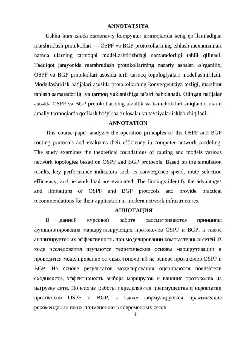 Marshrutlash protokollari OSPF va BGP asosida tarmoqni modellashtirish samaradorligini tahlil qilish 3