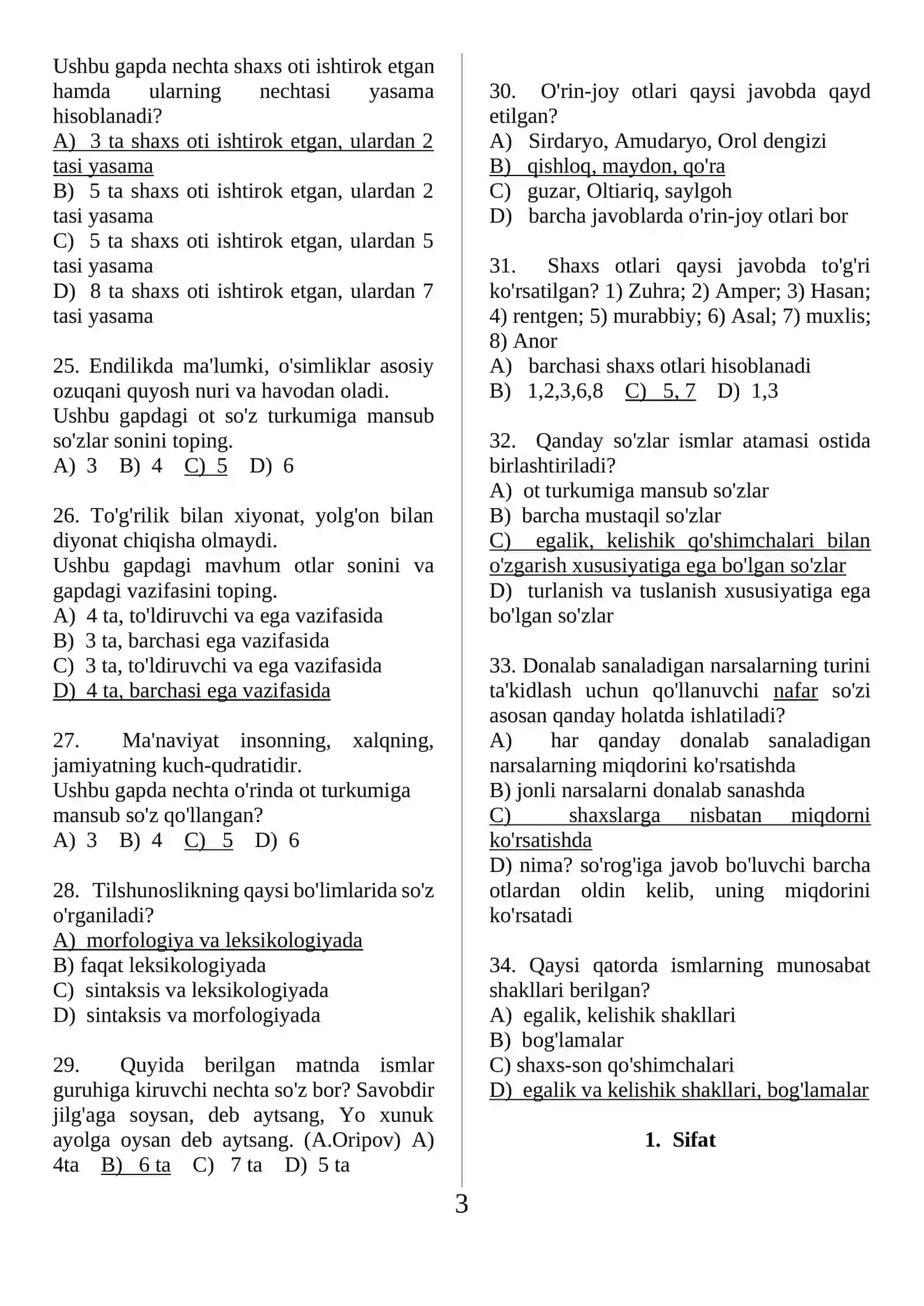 Ot, sifat, son testlar. 3