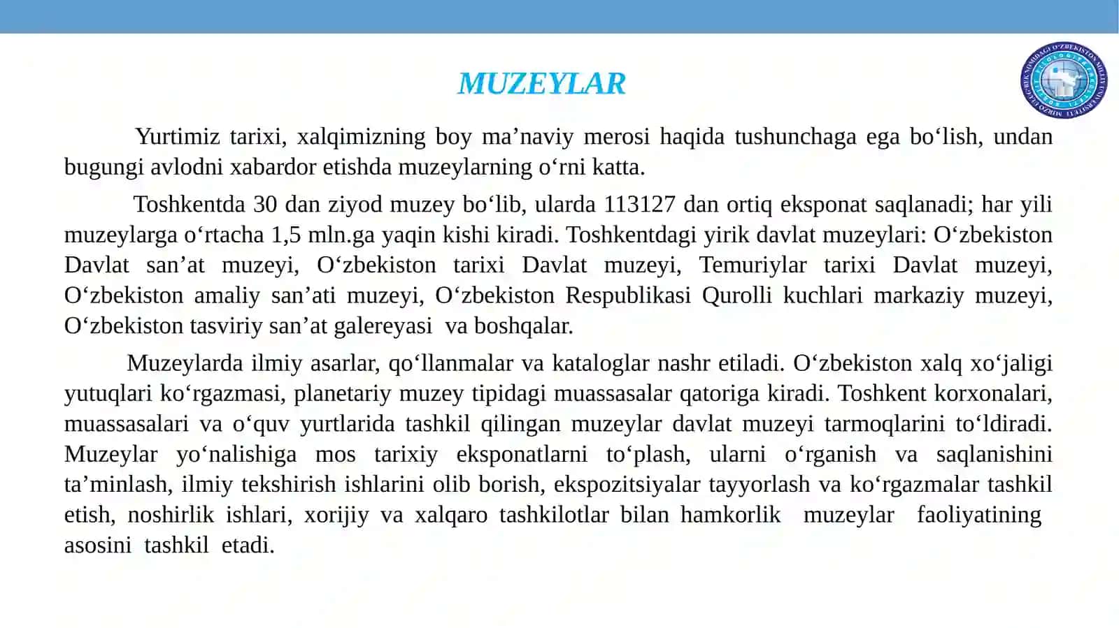 MUZEYLAR – O‘TMISH VAKELAJAK ORASIDAGI KO‘PRIK. SOHAVIY TERMINLAR VA ULARNING QO‘LLANISHI 3
