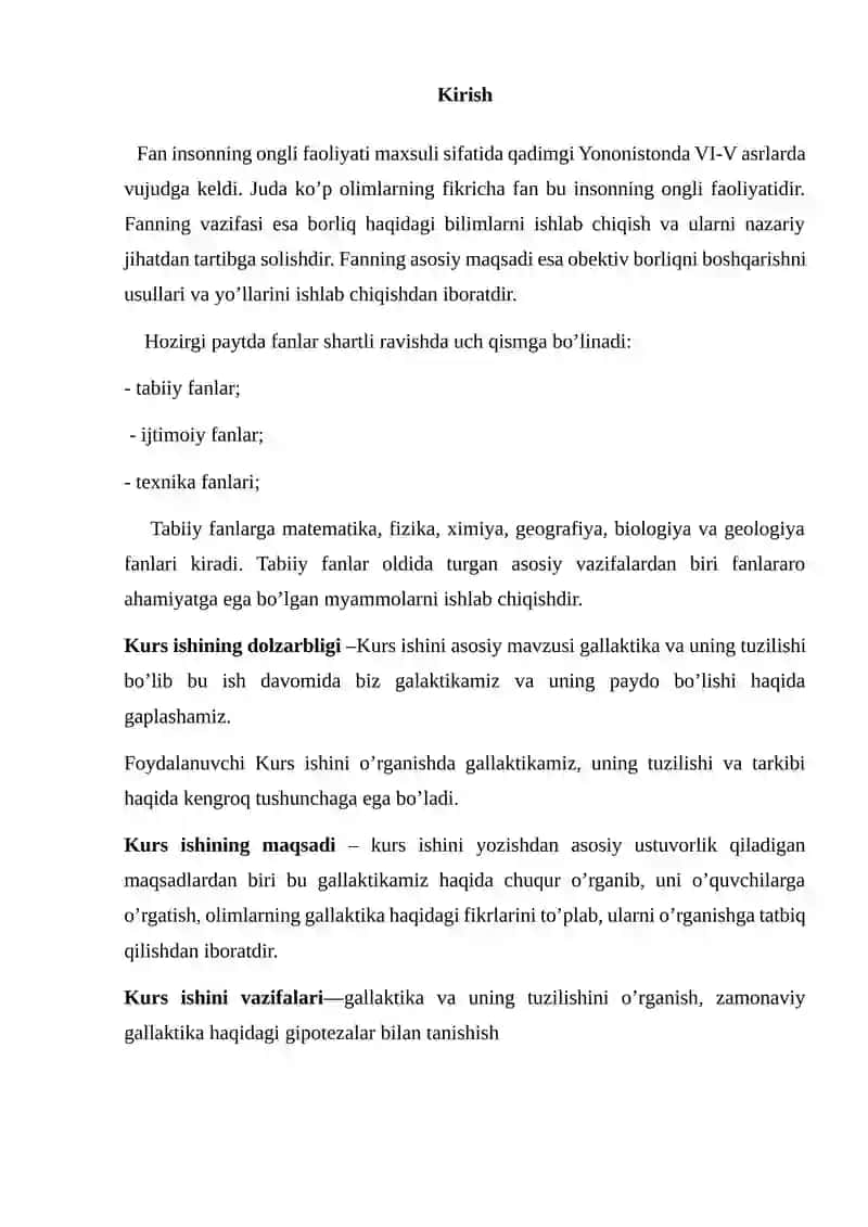 Boshlang’ich ta’limda tabiiy fanlar fanidan Gallaktika va uning tuzilishi mavzusida KURS ISHI 3