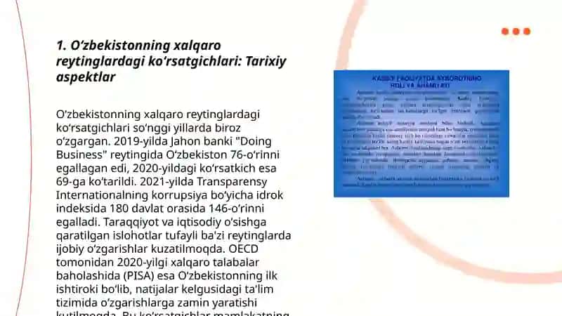 Oʻzbekistonni halqaro reytinglardagi koʻrsatgichlarini koʻtarishning tarixiy va siyosiy ahamiyati 3