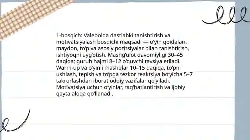 Valebolda dastlabki oʻrgatish jarayonining bosqichlari va uslublari 3