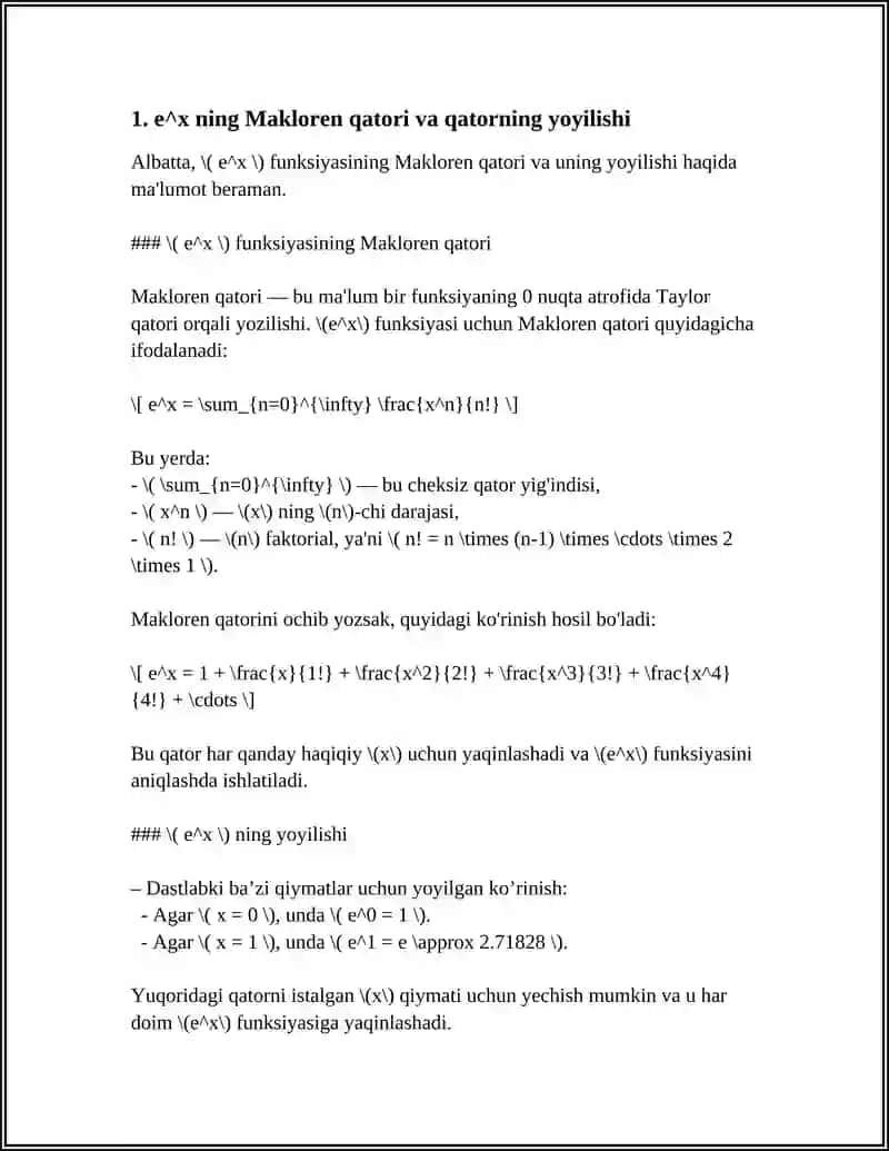 FUNKSIYALARNI TEYLOR VA MAKLOREN QATORLARIGA YOYISHGA MISOLLAR 3