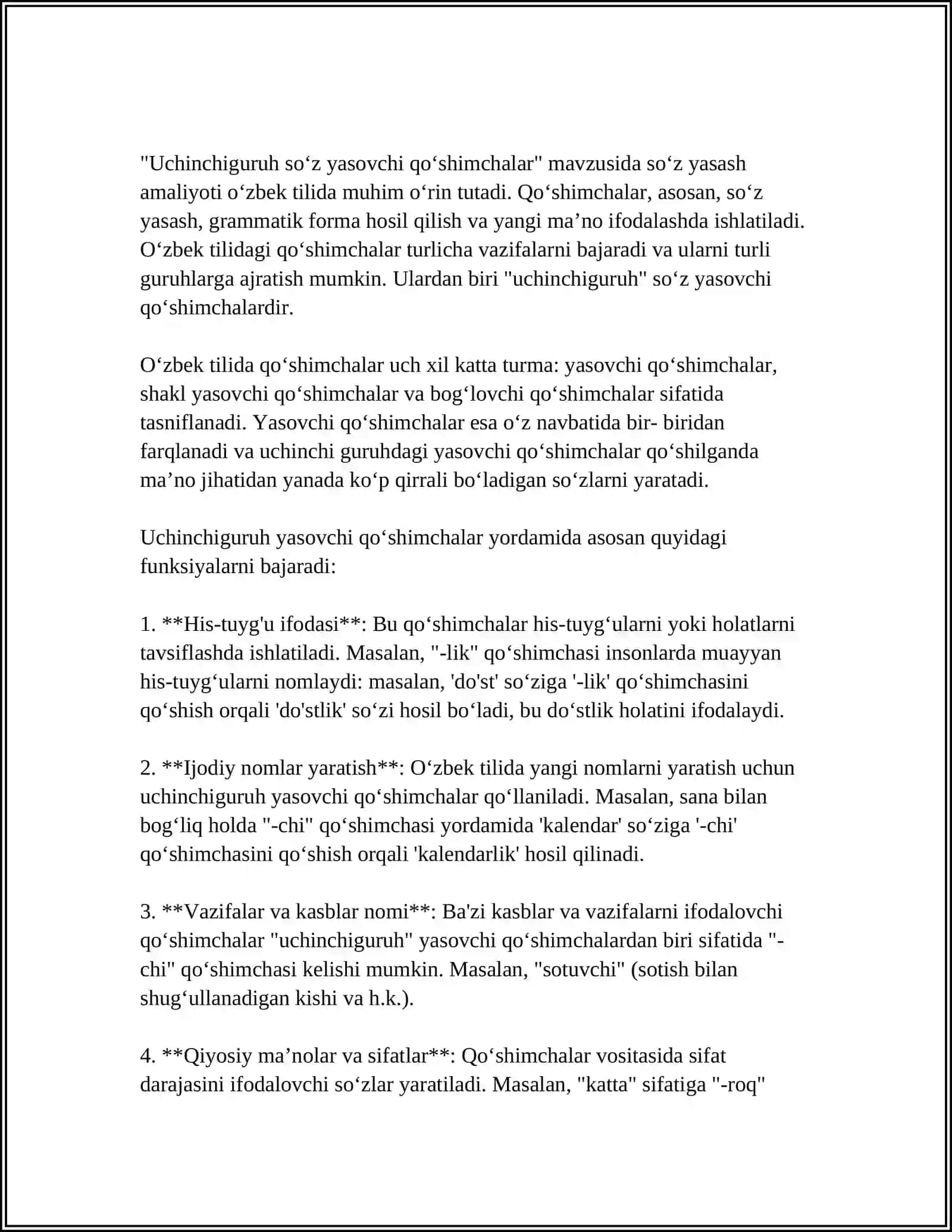 UCHINCHI GURUHDA TURLANUVCHI MASCULINUM RODIGA OID OTLARNING YASALISHIDA QO'LLANILADIGAN SO'Z YASOVCHI QO'SHIMCHALAR 3