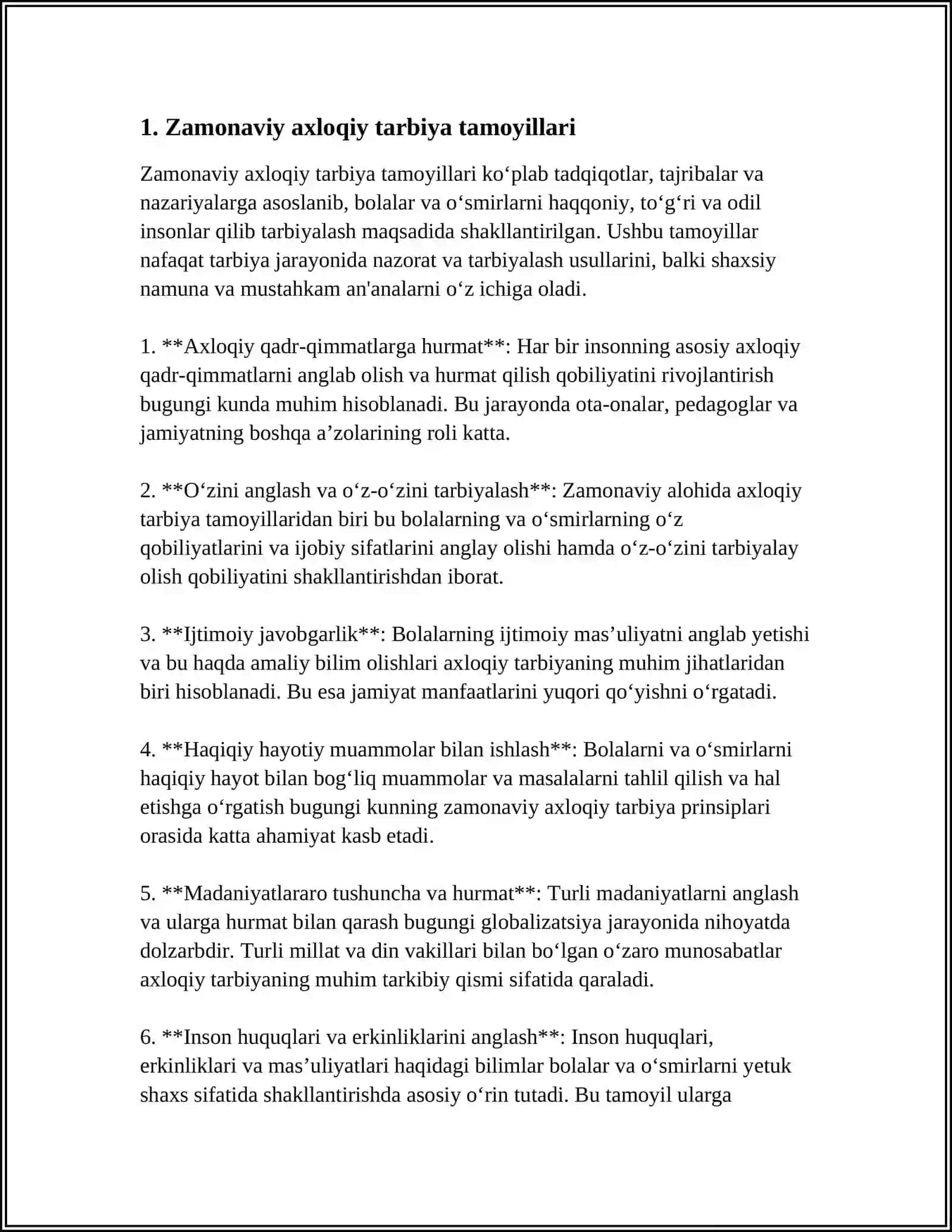 ZAMONAVIY AXLOQIY TARBIYANING YUTUQLARI VA KAMCHILIKLARI TEST 3