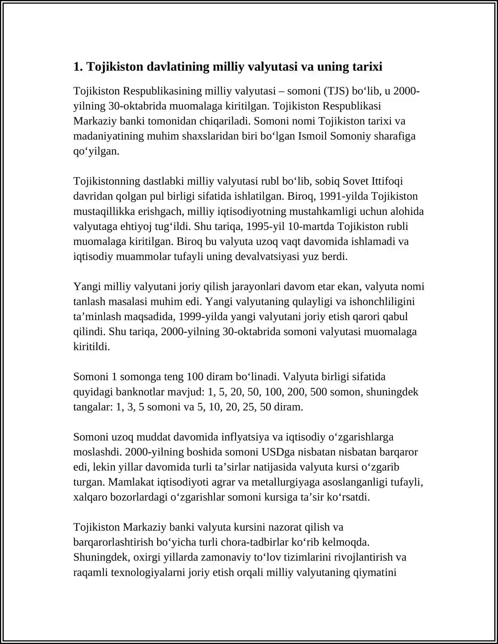 TOJIKISTON DAVLATINING MILLIY VALYUTASI, INFLYATSIYASI, PUL MUOMOLASI, PUL TARIXI 3