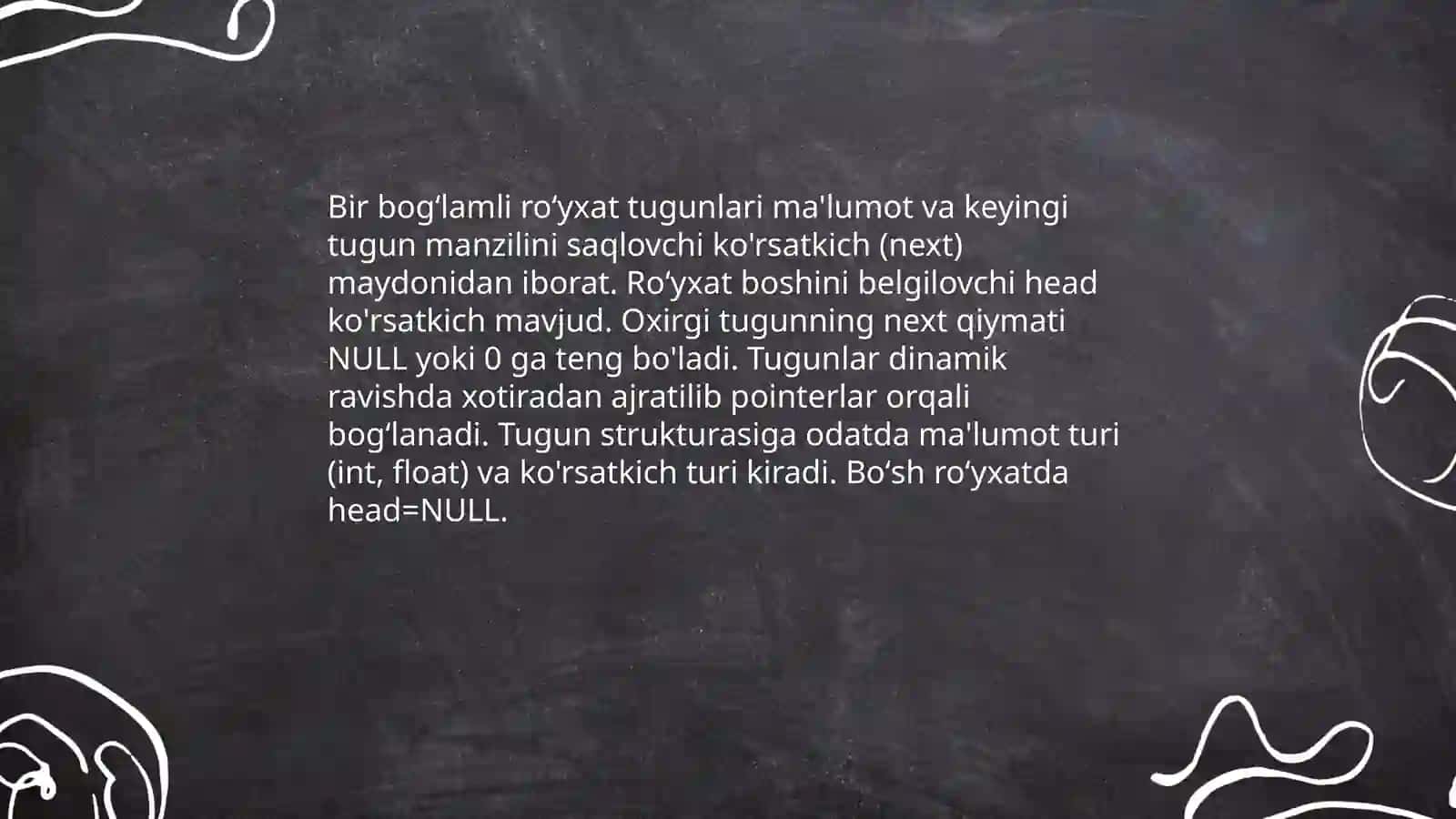 Bir bogʻlamli royxatlar ustida amallar va ularning algoritmlari 3