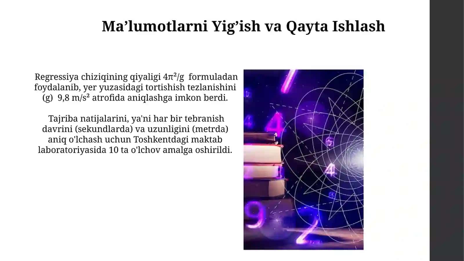 Jismning erkin tushish tezlanishini matematik mayatnik yordamida aniqlash 3
