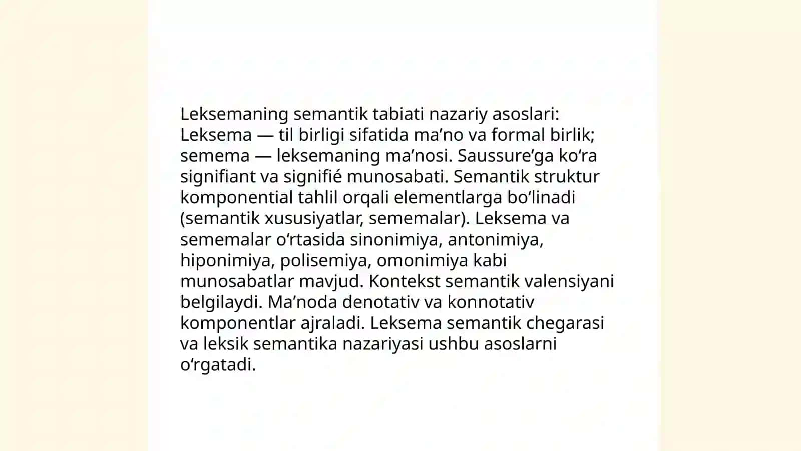 Leksemaning semantik tabiati; leksema va sememalar 3