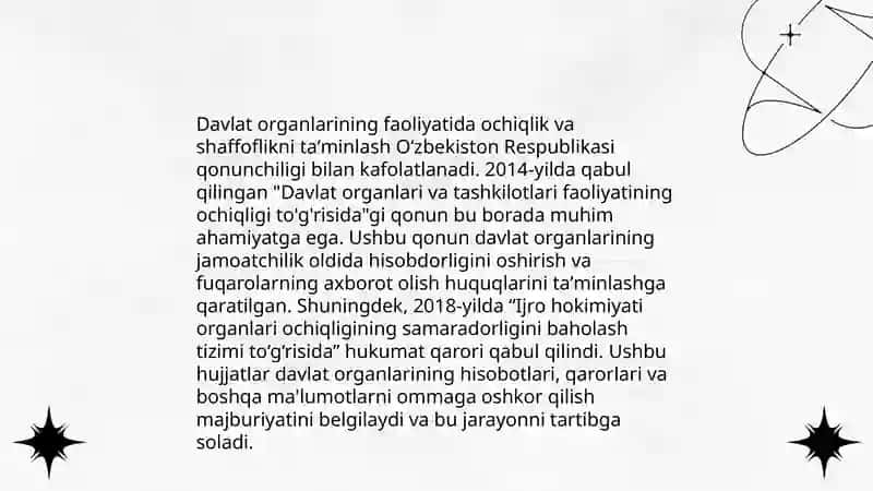 Oʼzbekiston respublikasida davlat organlarining ochiqligi shaffofligi va jamoatchilik nazoratining huquqiy maʼrifiy asoslari dessirtatsiya Mavzusiga ilmiy tatqiqot ishi 3