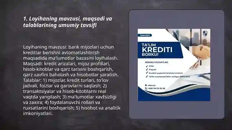 Bank mijozlari uchun kreditlar berishni ma'lumotlar bazasini loyihalash 3