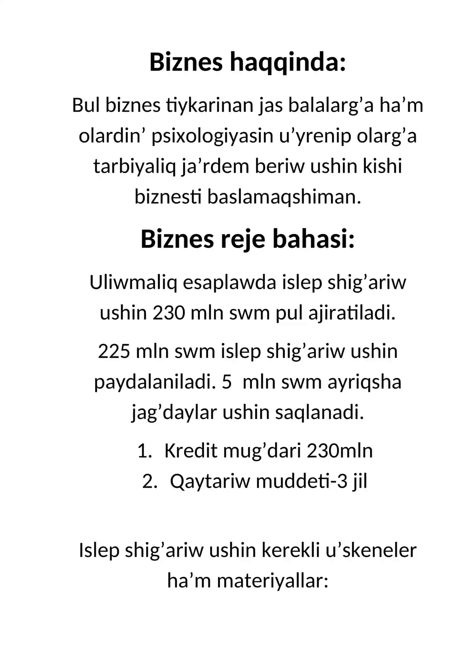 Biznes plan “Oyinshiq islep shig’ariw ha’m dizayinlerdi jaratiw” 3