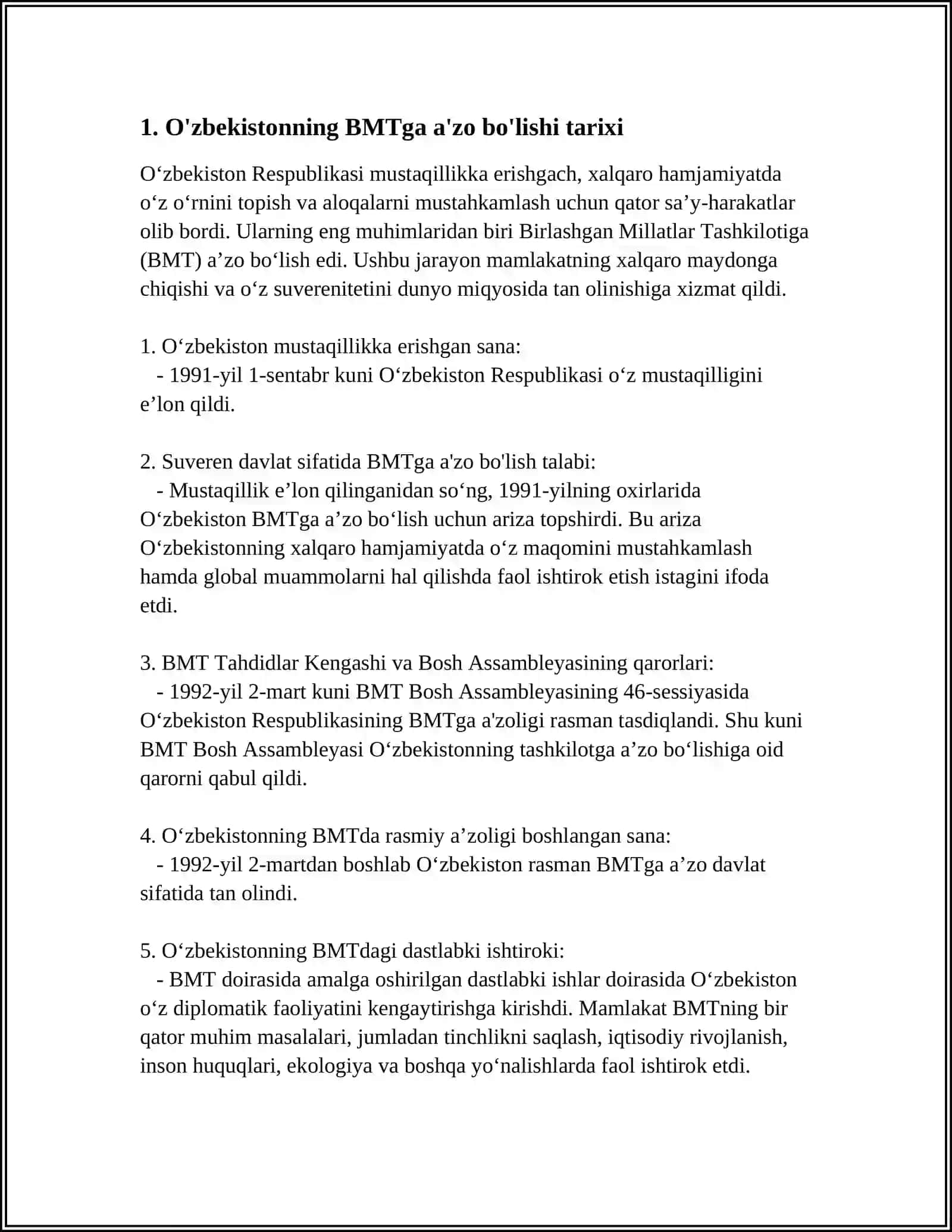 O'ZBEKISTON RESPUBLIKASINING BMT GA A'ZO BO'LISHI JAHON HAMJAMIYATIDAGI O'ZIGA XOS O‘RINNI 3