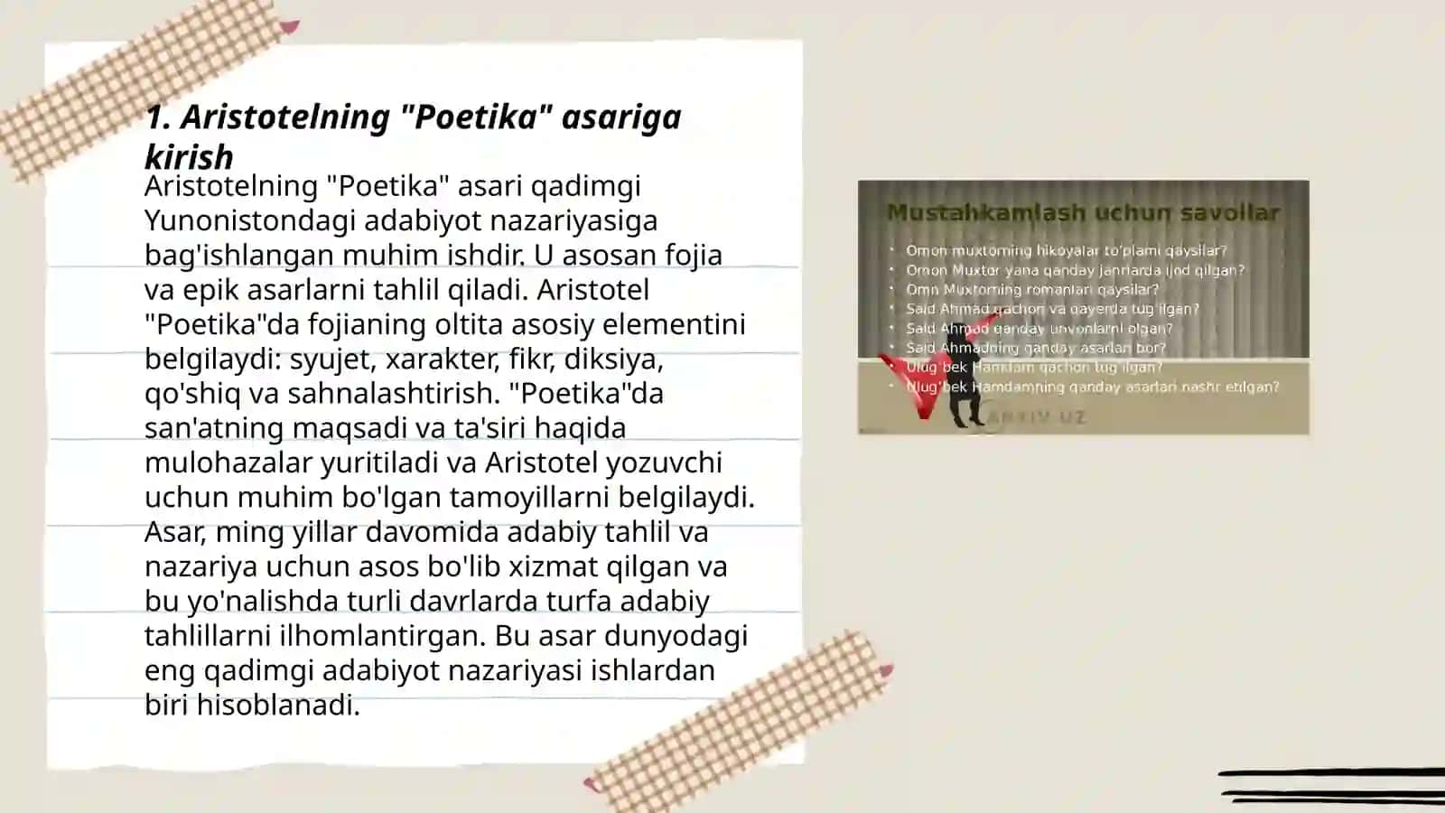 Aristotelning "Poetika" asarini o'qib o'rganish 3
