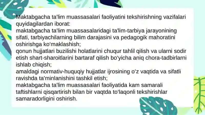Maktabgacha ta’ilm tashkilotlari faoliyatini tekshirishning maqsad va vazifalari 3