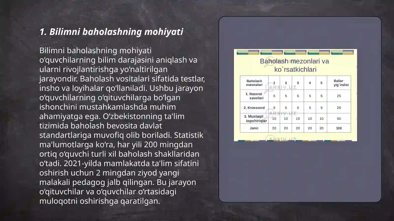 Talabalarning bilimini baholash bo'yicha nazorat turlari, baholash mezonlari 3