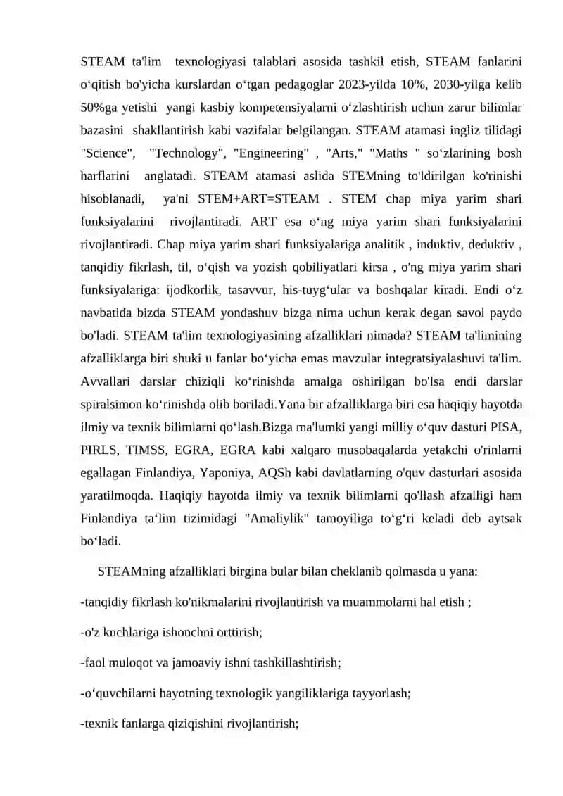 Ta’limda STEAM tizimi va kreativlik. Boshlang‘ich sinf ona tili DTS, dastur va darsliklarida kreativ yonashuv 3