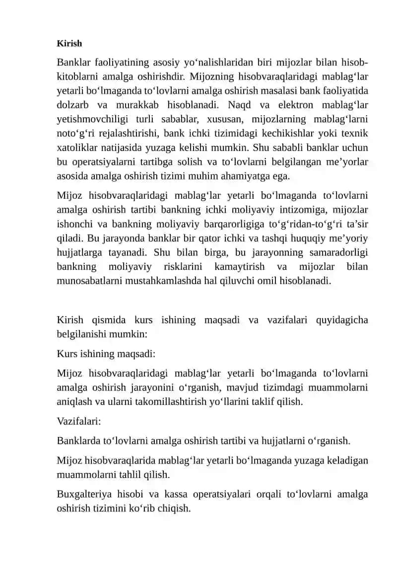 Banklarda mijozning hisobvarag’ida mablag’lar yetarli bo‘lmaganda to‘lovlarni amalga oshirish tartibi va uni takomillashtirish 3