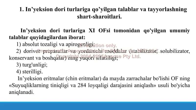 Kuchli  asos va kuchsiz kislota, kuchli kislota va kuchsiz  asosdan  tashkil topgan tuzlardan inyeksion  eritmalar  tayyorlash. Taqdimot 32 bet. 3
