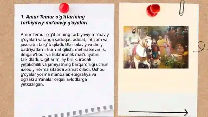 Amur Temur oʻgʻitlarining tarbiyaviy ahamiyati. Mirzo ulugʻbekning pedagogik gʻoyalari va ma'rifatparvarlik faoliyati 3